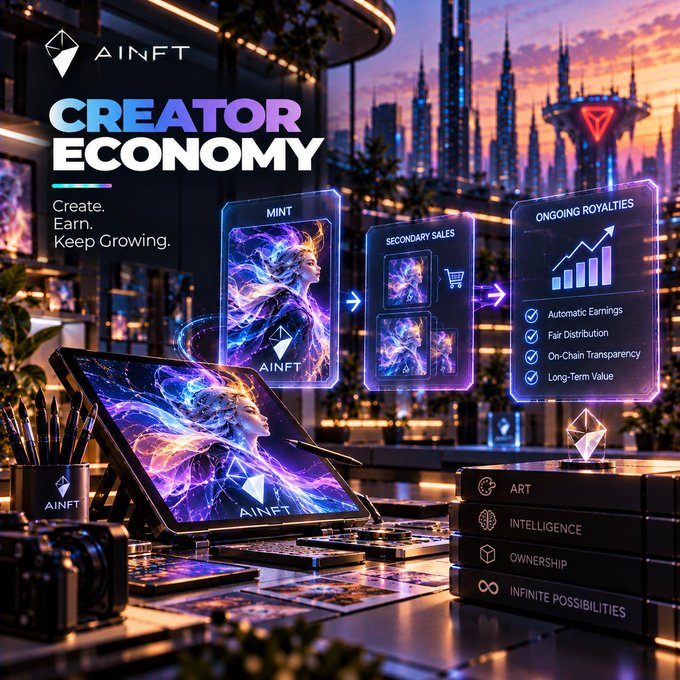 A promotional graphic for AINFT titled 'CREATOR ECONOMY' with the tagline 'Create. Earn. Keep Growing,' illustrating the NFT process flow from MINT to SECONDARY SALES to ONGOING ROYALTIES.