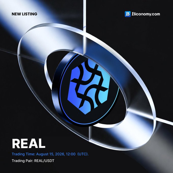 A promotional graphic for a new cryptocurrency listing on Biconomy.com, featuring a blue shield logo and text reading 'NEW LISTING', 'REAL', 'Trading Time: August 15, 2026, 12:00 (UTC)', and 'Trading Pair: REAL/USDT'.