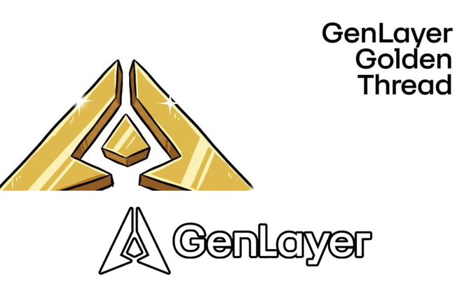 A logo graphic for "GenLayer" featuring a golden geometric emblem and the text "GenLayer Golden Thread" alongside the GenLayer name and symbol.
