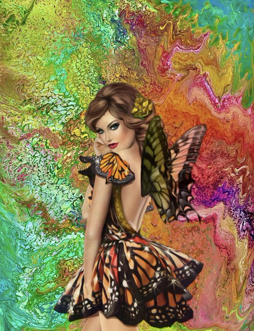 An artistic, colorful image of a woman dressed as a butterfly with orange and black patterned wings, set against a vibrant, psychedelic background.
