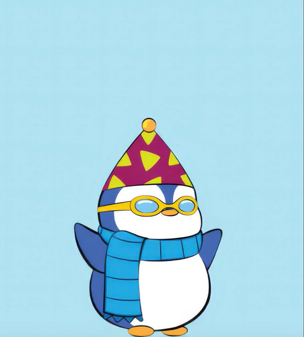 An animated penguin wearing a purple party hat with yellow triangles, blue goggles, and a blue scarf against a light blue background.