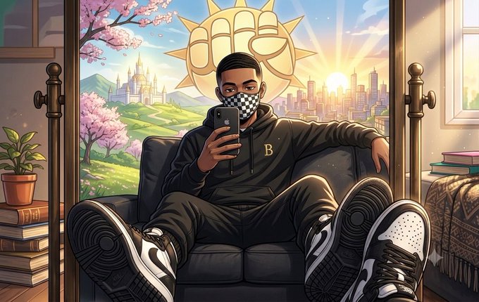 Digital illustration of a man wearing a checkered face mask, sitting in an armchair taking a selfie, wearing a hoodie with 'B' logo and large sneakers, with a fantasy landscape visible through the window.