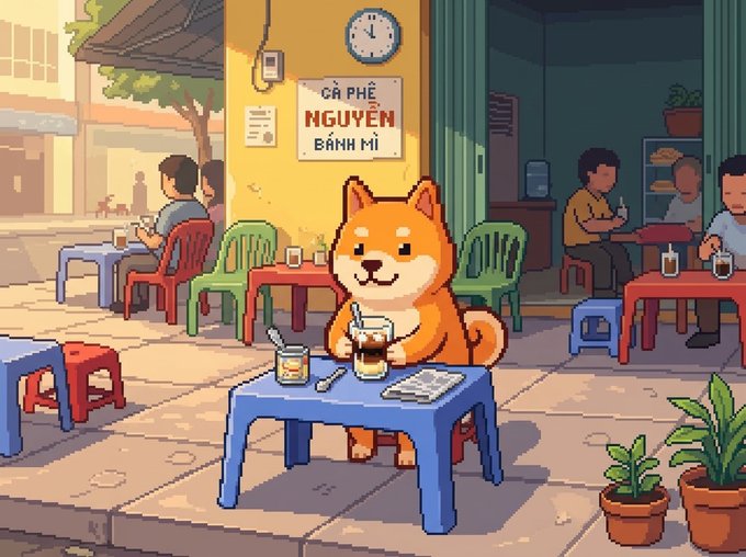 A cute orange Shiba Inu enjoys a refreshing iced coffee at a plastic table outside a Vietnamese café with a "CÀ PHÊ NGUYÊN BÁNH MÌ" sign, perfectly capturing the relaxed Sunday morning vibe of the post's "GM Chủ Nhật" greeting.