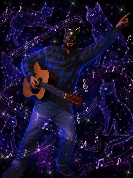 A whimsical illustration of a masked guitarist in blue playing acoustic guitar, surrounded by floating cosmic cats and musical notes against a starry purple background.