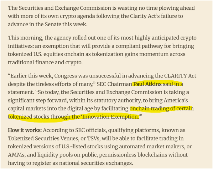 The image shows a news article highlighting the SEC's announcement of the "Innovation Exemption," led by SEC Chairman Paul Atkins, which allows qualifying platforms called Tokenized Securities Venues (TSVs) to facilitate onchain trading of tokenized U.S. equities via automated market makers (AMMs) and liquidity pools without registering as national securities exchanges. This directly supports the post's announcement that the SEC has approved this exemption, enabling TradFi to go onchain following the failure of the CLARITY Act to advance in the Senate.