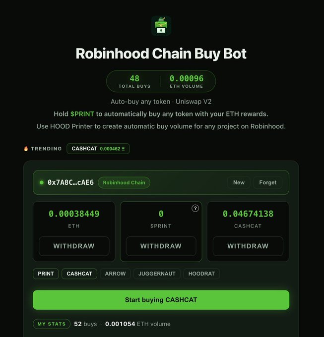 A dark-themed dashboard for a 'Robinhood Chain Buy Bot' displaying ETH, $PRINT, and CASHCAT balances with a 'Start buying CASHCAT' button.