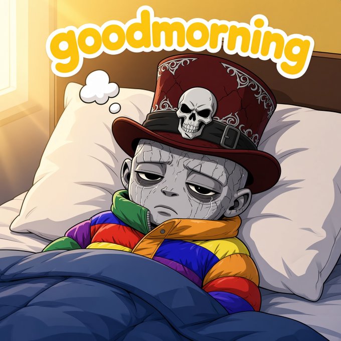 A cartoon skeleton wearing a red top hat with a skull emblem and a rainbow-colored puffer jacket lies in bed under a blue blanket with a sleepy expression, with "goodmorning" written in yellow letters above.