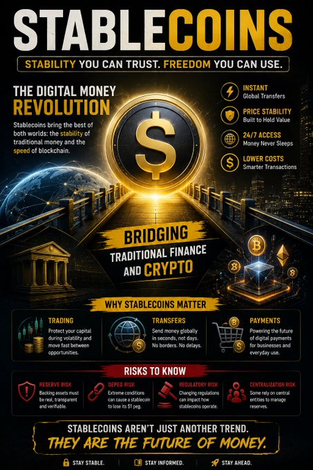 A promotional infographic titled "STABLECOINS" highlighting their role in the "Digital Money Revolution," featuring benefits like instant global transfers, price stability, 24/7 access, and lower costs, while bridging traditional finance and crypto with use cases in trading, transfers, and payments—alongside risks such as reserve, depeg, regulatory, and centralization concerns. The visual reinforces the post's message by illustrating how stablecoins address crypto's volatility problem by combining fiat-like stability with blockchain efficiency.