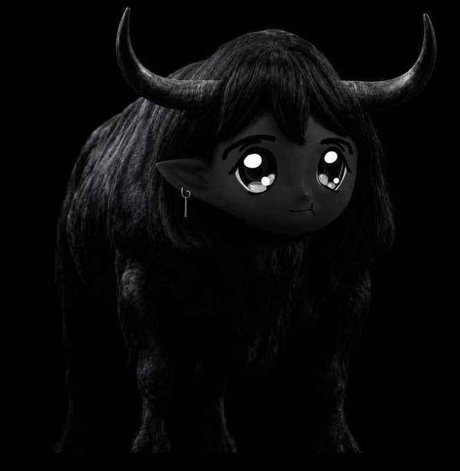 A stylized black-and-white illustration depicts a cute chibi-style bull or yak character with large expressive anime eyes, pointed elf-like ears, and prominent curved horns, standing against a dark background—evoking the bullish $ZANSEM meme coin launch teased in the post.