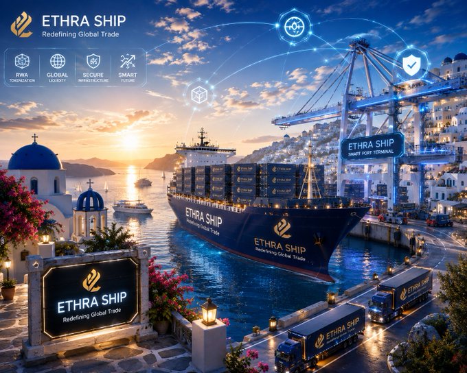 A promotional graphic for 'ETHRA SHIP' with the tagline 'Redefining Global Trade', showing a large cargo ship at a port at sunset with icons labeled 'RWA TOKENIZATION', 'GLOBAL LIQUIDITY', 'SECURE INFRASTRUCTURE', and 'SMART FUTURE'.