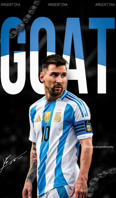 A poster featuring Argentine soccer player Lionel Messi in his #10 national team jersey, with the word 'GOAT' in large letters and 'ARGENTINA' repeated across the top.