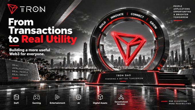 An advertisement for TRON DAO featuring the text 'From Transactions to Real Utility' and 'Building a more useful Web3 for everyone,' highlighting categories like DeFi, Gaming, and AI.
