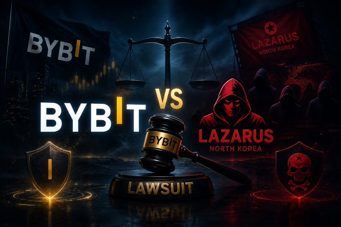 A dramatic graphic depicting a legal battle between Bybit cryptocurrency exchange and the Lazarus Group (North Korea), featuring scales of justice, a judge's gavel labeled 'LAWSUIT', a BYBIT flag, and a red Lazarus hooded figure with skull shield emblem.