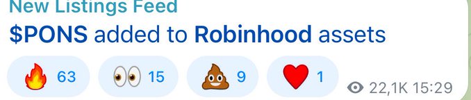 Social media post header reading "New Listings Feed / $PONS added to Robinhood assets" with engagement metrics showing 63 fire emojis, 15 eyes, 9 poop emojis, and 1 heart.