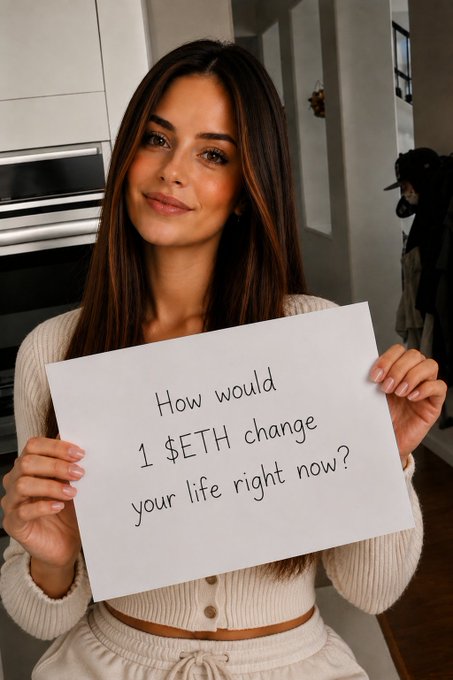 The image features a woman holding up a piece of paper with a question written on it, asking "How would 1 Ether change your life right now?". The woman appears to be posing for the photo while holding the sign.