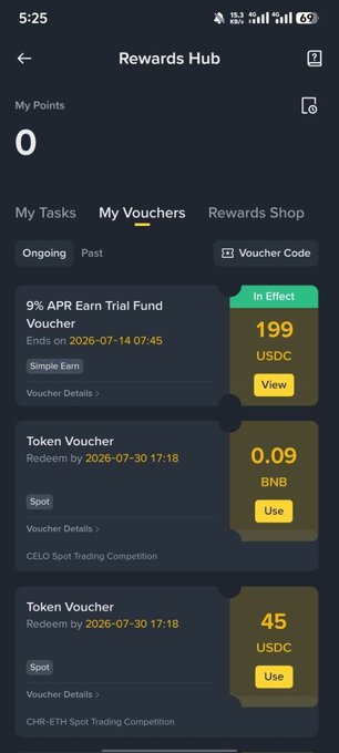 A mobile app screenshot of a 'Rewards Hub' page showing vouchers, including a 9% APR Earn Trial Fund Voucher for 199 USDC and Token Vouchers for 0.09 BNB and 45 USDC.
