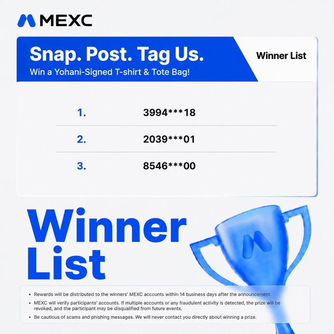 A MEXC exchange winner list announcement for a 'Snap. Post. Tag Us' contest featuring a Yohani-signed T-shirt and tote bag prize, displaying three winning partial phone numbers.