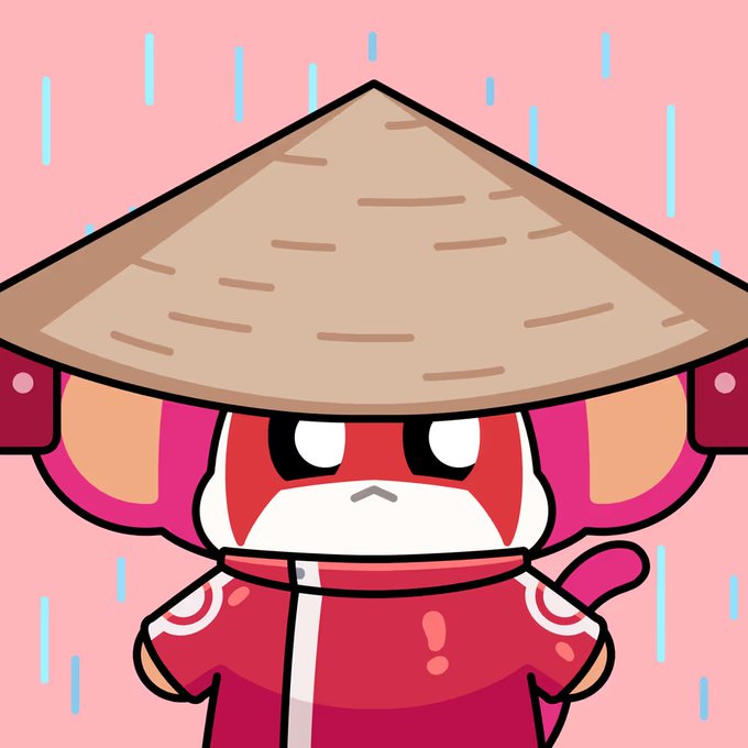 A cartoon character wearing a large conical straw hat, with pink hair and a red outfit, standing against a pink background with falling rain streaks.
