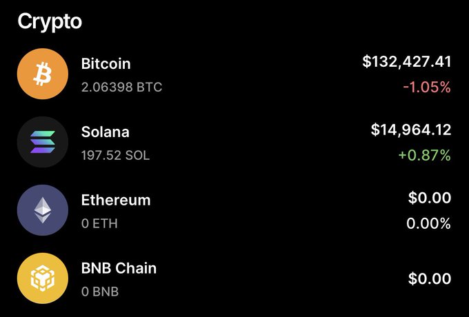 A dark-themed crypto portfolio dashboard showing holdings: Bitcoin at $132,427.41 (-1.05%), Solana at $14,964.12 (+0.87%), and zero balances for Ethereum and BNB Chain.