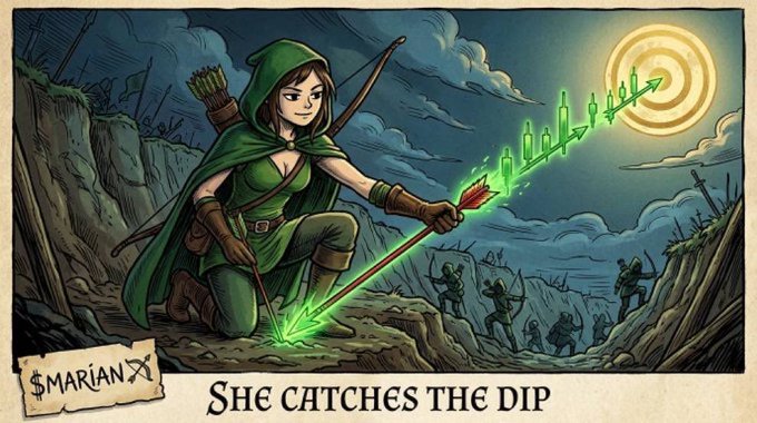 The image depicts a green-cloaked archer kneeling and firing a glowing arrow toward a candlestick chart hitting a bullseye target, with the text "$MARIAN" and "She catches the dip" below—visually reinforcing the post's message that $MARIAN is a Robinhood Chain memecoin primed to hit its mark as the green chain gains traction.