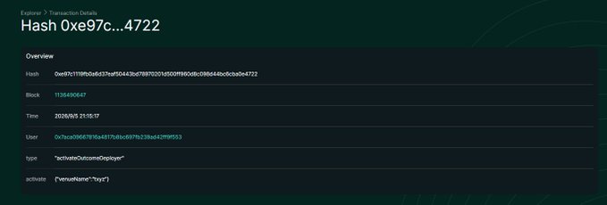 A blockchain transaction details page displaying 'Hash 0xe97c...4722', with block 1136490647, timestamp 2026/09/25 15:17, and transaction type 'activateOutcomeDeploy'.