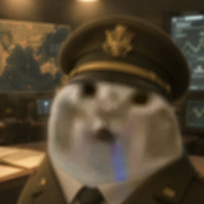 The image features a cat wearing a military uniform, complete with a hat and tie. The cat appears to be posing for a photo or video, possibly as part of an advertisement or promotional material. The caption accompanying the image reads "Ignore the dev sells Upset team member on the fact fees will be reserved for future marketing $drooling". This suggests that the cat's presence in the military uniform is meant to evoke a sense of humor and create a memorable visual, possibly with the intention of promoting a product or service related to the military.