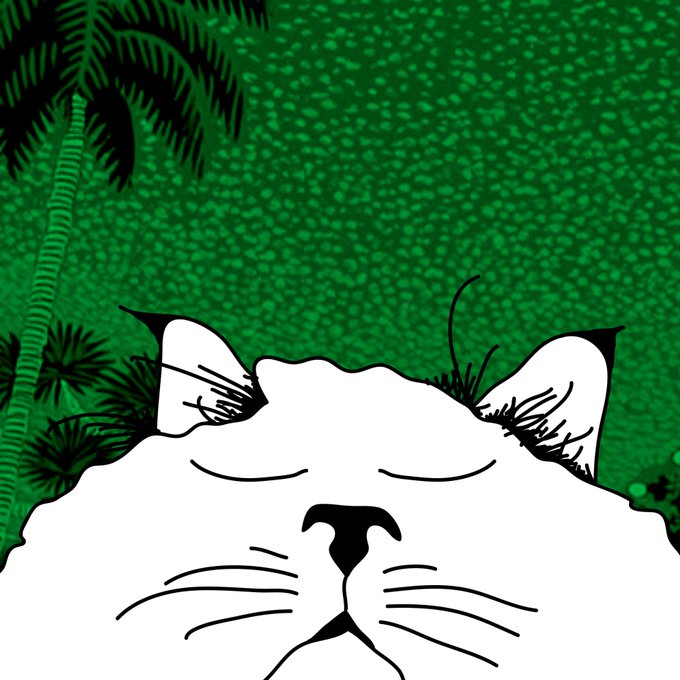 A black-and-white line drawing shows the face of a cat with its eyes closed, resting against a textured green background with dark foliage silhouettes.