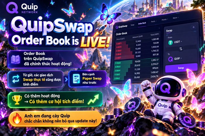 A vibrant promotional graphic for 'QuipSwap' announces the launch of their Order Book with a fantasy-themed background, an astronaut mascot, and text in both English and Vietnamese.