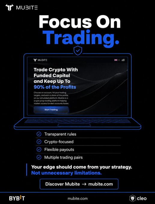A promotional advertisement for Mubite crypto trading platform featuring a laptop display and the headline 'Focus On Trading,' with bullet points highlighting transparent rules, crypto-focused, flexible payouts, and multiple trading pairs, alongside the BYBIT logo at the bottom.