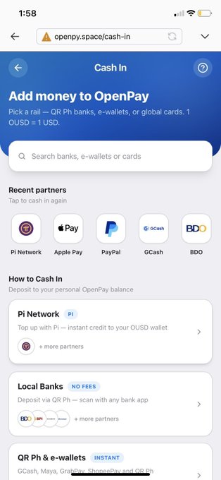 Mobile app screenshot of OpenPay's 'Cash In' page, showing options to add money via Pi Network, Apple Pay, PayPal, GCash, and BDO with various deposit methods listed.