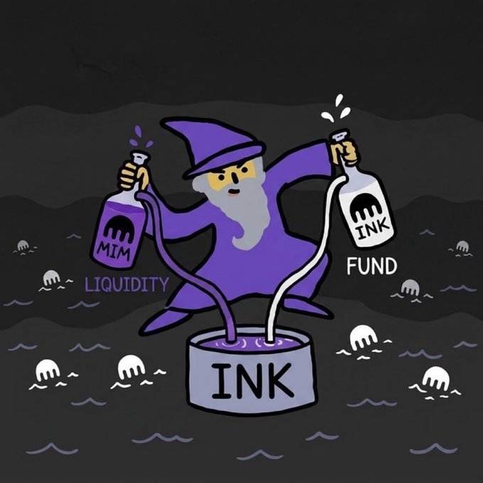 A cartoon wizard stirs a cauldron labeled "INK" while pouring two bottles—one marked "MIM" (labeled "LIQUIDITY") and another marked "INK" (labeled "FUND")—into it, illustrating the alchemy of building liquidity and funding for @inkonchain. The whimsical imagery ties into the post's excitement about growing the Ink OnChain ecosystem and bringing more users into the community.