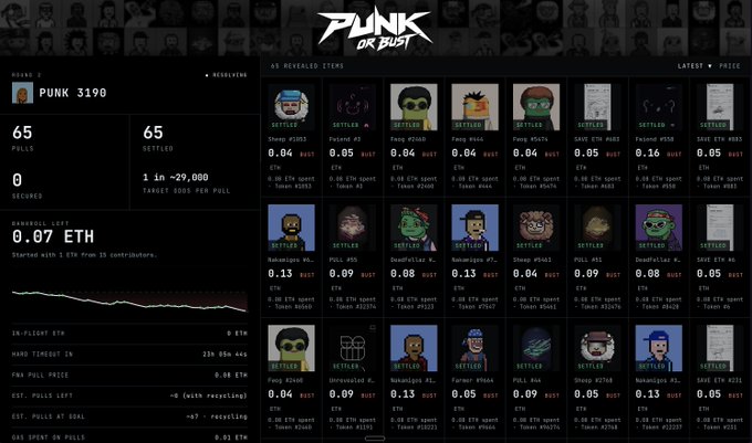 A CryptoPunks marketplace page shows Punk 3190 with 65 polls, a last settled price of 0.07 ETH, and a grid of other available punk NFTs.
