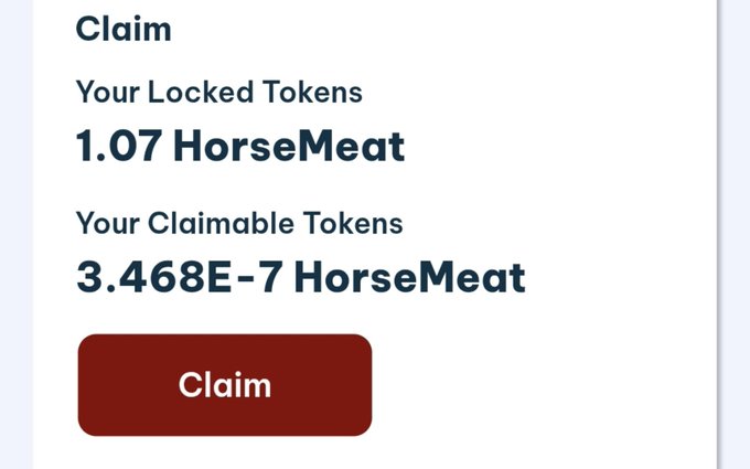 A 'Claim' interface showing 1.07 HorseMeat locked tokens and 3.468E-7 HorseMeat claimable tokens, with a red Claim button.