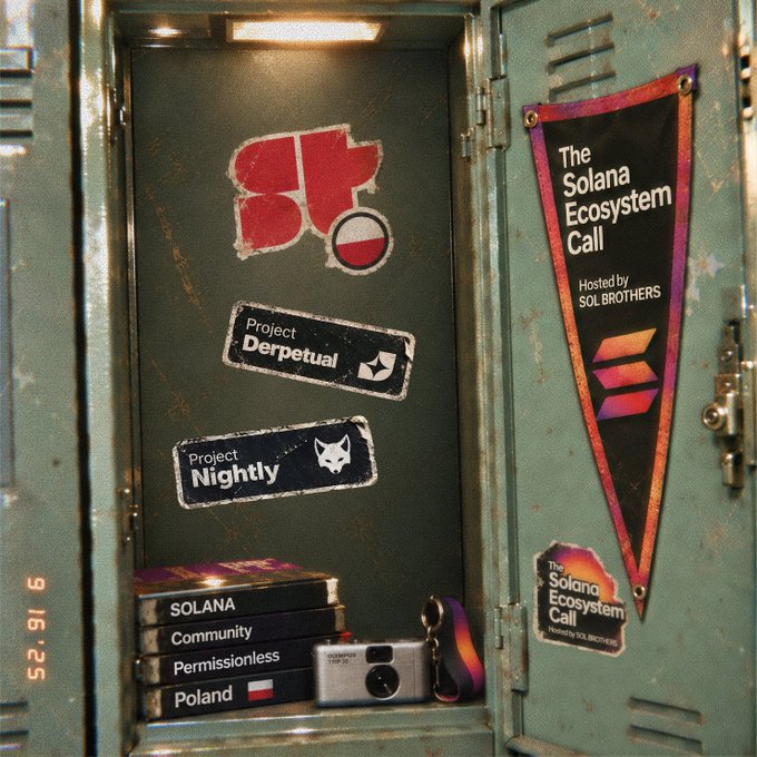 An open mint-green locker containing stickers for 'Project Perpetual' and 'Project Nightly', books labeled 'SOLANA', 'Community', 'Permissionless', 'Poland', and a pennant for 'The Solana Ecosystem Call Hosted by SOL BROTHERS'.