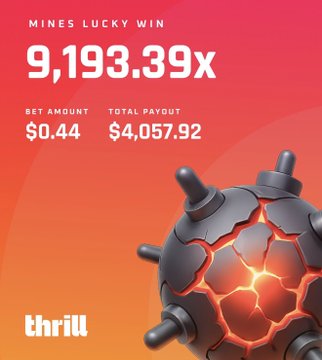 A promotional graphic from Thrill celebrates a "MINES LUCKY WIN" with a massive 9,193.39x multiplier, showing a bet amount of $0.44 turning into a total payout of $4,057.92, featuring a cracked black bomb with glowing orange cracks against a red-orange gradient background. The image perfectly visualizes the post's message of how a tiny $0.44 bet resulted in a $4,000+ win.