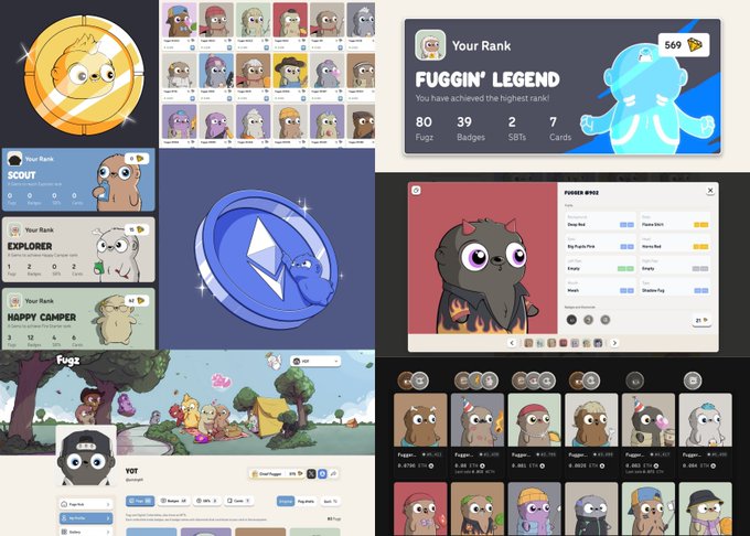 A collage showcasing various NFT characters from the 'Fuggin' Legend' collection, displaying different ranks such as Scavenger, Explorer, and Happy Camper, along with character profiles, rankings, and a Discord interface for the project.