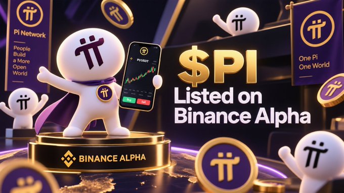 A promotional graphic for the Pi cryptocurrency showing "$PI Listed on Binance Alpha," featuring cartoon Pi characters, gold coins, and a smartphone displaying a trading chart.