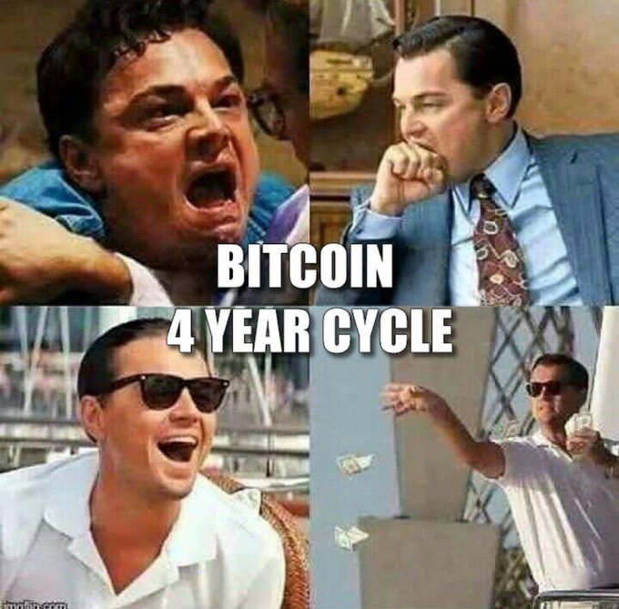 A four-panel meme from *The Wolf of Wall Street* shows Leonardo DiCaprio expressing escalating excitement, from yelling, to a nervous laugh, to laughing with sunglasses, to casually throwing money in the air—paired with the text "BITCOIN 4 YEAR CYCLE" in the center. The image humorously captures the typical euphoric emotional arc Bitcoin holders experience as the cycle progresses from early disbelief to full-blown bull market mania.