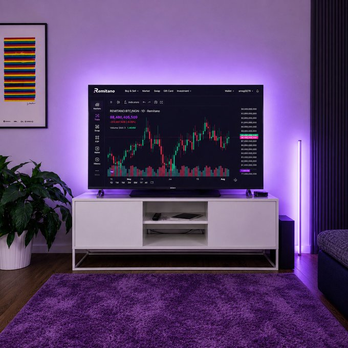 A modern living room setup featuring a TV displaying the Remitano cryptocurrency exchange interface with a BTC/USDT candlestick chart, surrounded by purple ambient lighting.