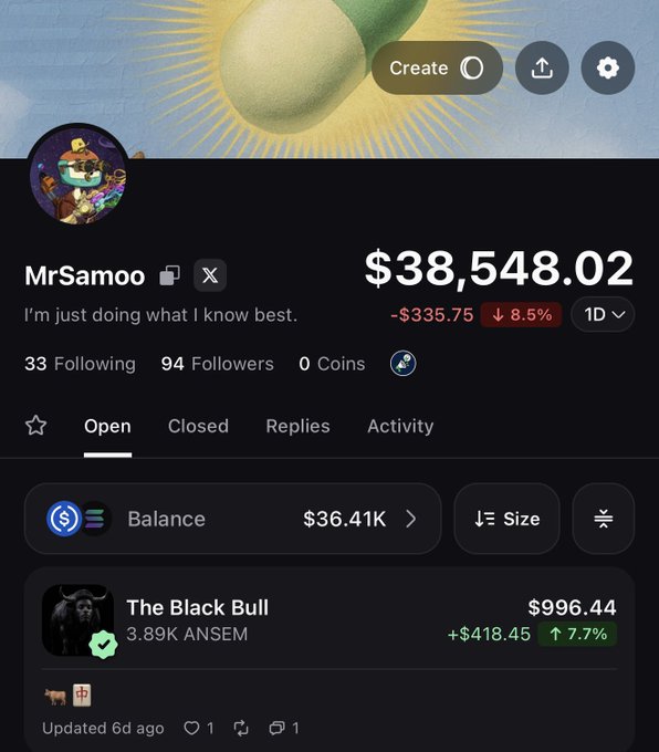 A user profile page for 'MrSamoo' on what appears to be a Polymarket-style prediction platform, showing a balance of $38,548.02 (down 8.5%), 33 following, 94 followers, and an active position called 'The Black Bull' valued at $996.44 (+7.7%).