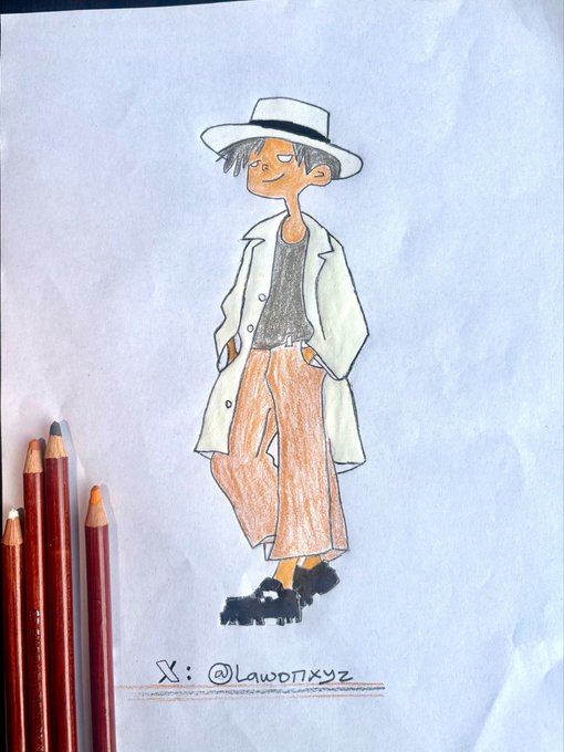 A hand-drawn colored pencil sketch of a stylish figure wearing a white hat, beige trench coat, and orange pants, signed 'X: @Lawo07xyz' with colored pencils visible in the corner.