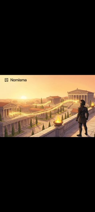An illustration by Nomisma depicting an ancient Greek or Roman warrior overlooking a classical city with temples at sunset, with golden energy waves flowing through the architecture.