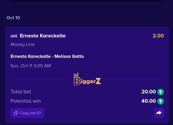 A betting slip interface showing a wager on MMI Ernesta Kareckaite (Money Line 2.00) vs Melissa Gatto on Sun, Oct 11 at 3:00 AM, with a BiggerZ logo, total bet of 20.00 and potential win of 40.00.