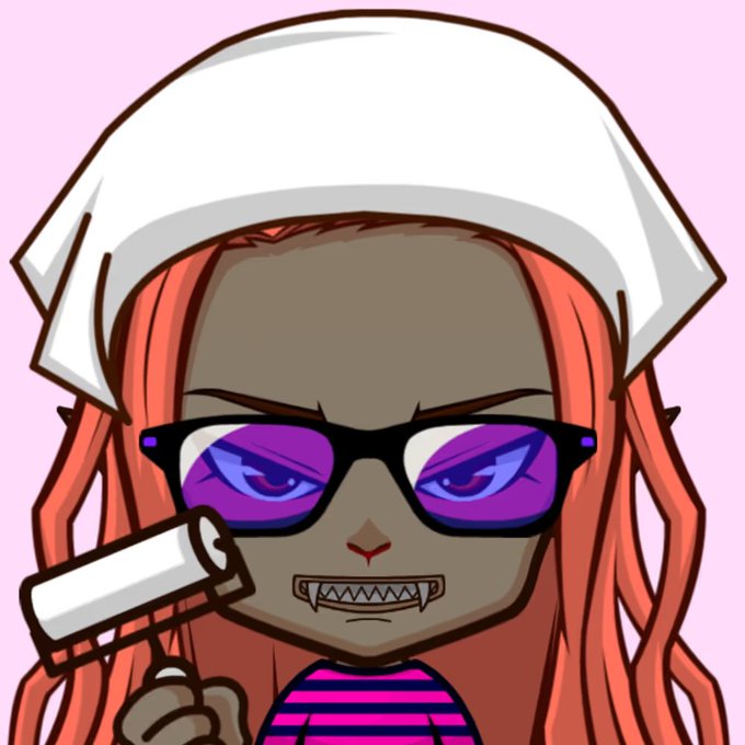 An animated character with orange hair, white head covering, purple sunglasses, and sharp teeth holding what appears to be a weapon.