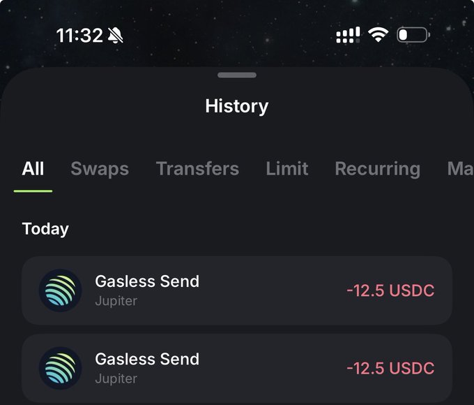 A mobile screenshot showing a transaction History page with two "Gasless Send" entries via Jupiter, each showing -12.5 USDC, confirming the two 12.5 USDC tips sent to @velzerxbt and @nelanontwtt.