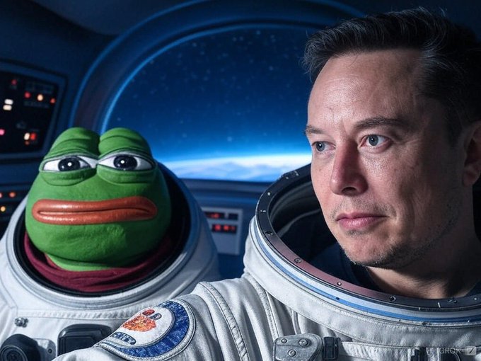 An AI-generated scene showing a man resembling Elon Musk in an astronaut suit alongside a Pepe the Frog character, also in a spacesuit, looking out a spacecraft window at space.