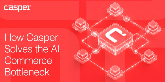 A red graphic featuring the Casper logo, a network of interconnected 3D cubes, and the headline "How Casper Solves the AI Commerce Bottleneck," visually representing the post's theme of machine-to-machine transactions lacking a settlement layer.