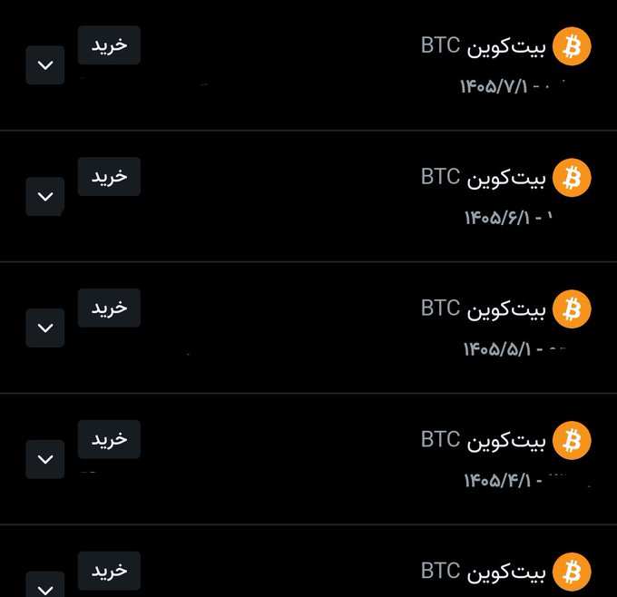 A dark-themed screenshot displays a list of Bitcoin (BTC) purchase records in Persian/Farsi, with each entry showing a Bitcoin logo, the label "بیت‌کوین BTC," a date in 1405 Persian calendar (corresponding to 2026-2027), and a "خرید" (Purchase) button. The repeating entries illustrate the user's monthly Bitcoin buying habit, supporting their post about consistently purchasing BTC regardless of price as a form of monthly "insurance" for the future.