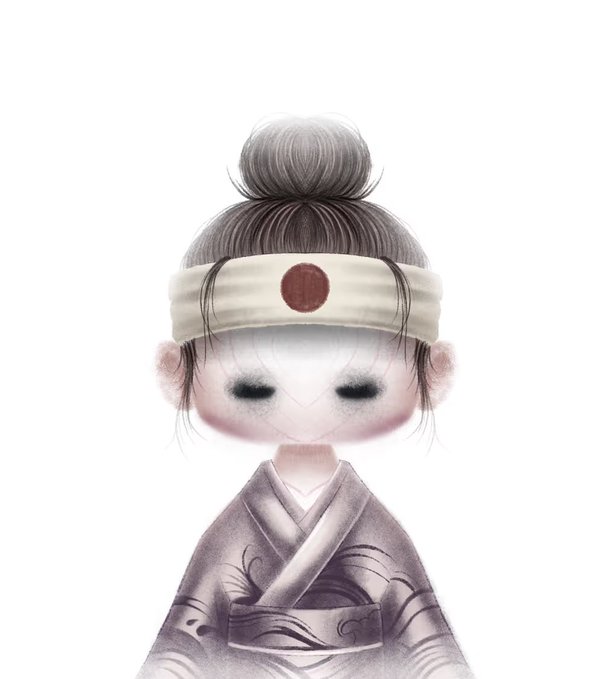 A delicate, monochromatic illustration of a pale, doll-like character wearing a Japanese-style kimono and a headband with a red circle symbol.