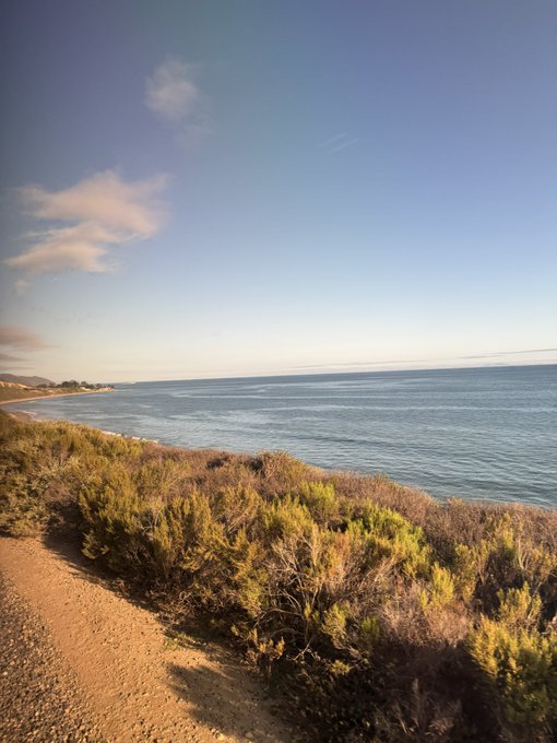 A coastal landscape showing a dirt path lined with green and brown shrubs overlooking a calm blue ocean under a sky with wispy clouds.